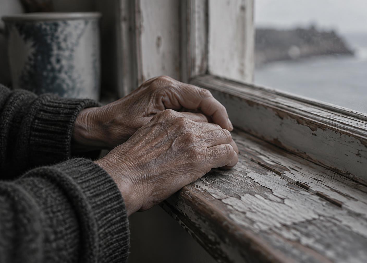 Weathered hands resting on a worn painted windowsill